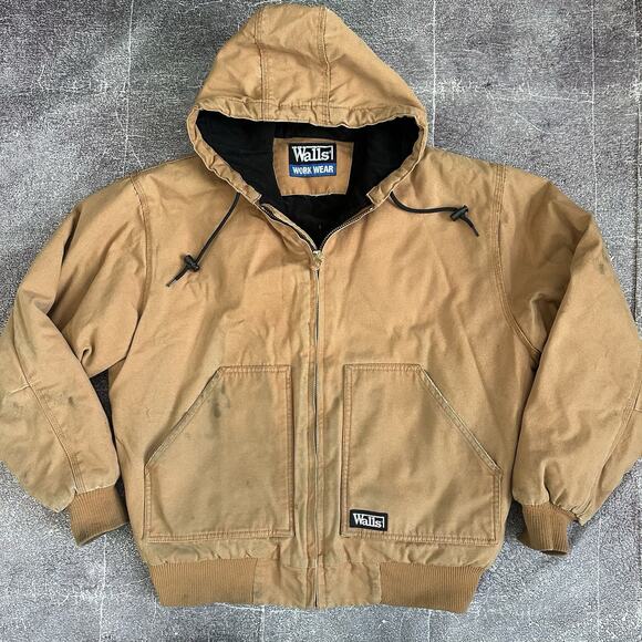 Walls Other - Men's Walls Work Wear Brown Duck Canvas Fleece Lined Hooded Zip Up Jacket Sz L